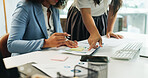 Business people, hands or pointing with documents for schedule planning, agenda or task at office desk. Team, employees or colleagues brainstorming with sticky notes for reminder or idea at workplace