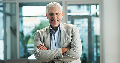 Buy stock photo Portrait, business and man with arms crossed in office for corporate career, about us and finance consultant. Mature person, confident and ambition for financial advisor, asset management and company