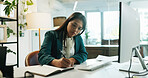 Business woman, writing and planning with book at office for schedule, agenda or tasks on desk. Female person, employee or planner taking notes with diary for reminder, ideas or appointment at work
