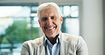 Portrait, business and mature man in office for corporate career, about us and finance consultant. Smile, male person and confident with ambition for financial advisor, asset management and company