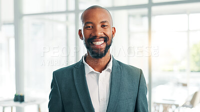 Buy stock photo Portrait, business and happy black man in corporate office for finance or investment career at venture capital. Smile, professional employee and worker with confidence for private equity in Kenya