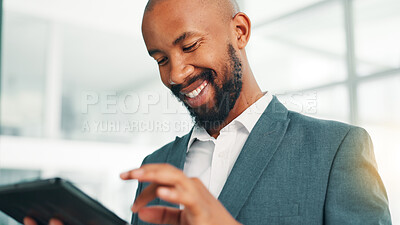 Buy stock photo Research, smile and tablet with business black man in office for information, project management, report. App, data and review with happy employee in corporate workplace for company development