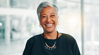 Buy stock photo Portrait, business and mature woman laughing in office for investment, venture capital and funny. Professional boss, executive and happy manager for private equity with financial experience in Dubai