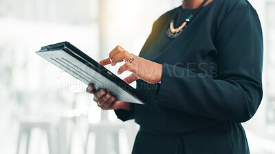 Buy stock photo Hands, research and tablet with business person in office for information or project management. App, report and review with corporate employee in professional workplace for company development