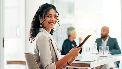 Buy stock photo Portrait, smile and business woman with tablet in office for email, finance and tax consultant coworking. Digital technology, happy and confident professional accountant with audit for bookkeeping