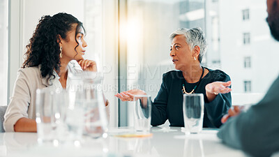 Buy stock photo Business, people and serious with discussion in office for funding negotiation, finance pitch or budget insight. Financial team, listening and stakeholders with feedback on risk management in meeting