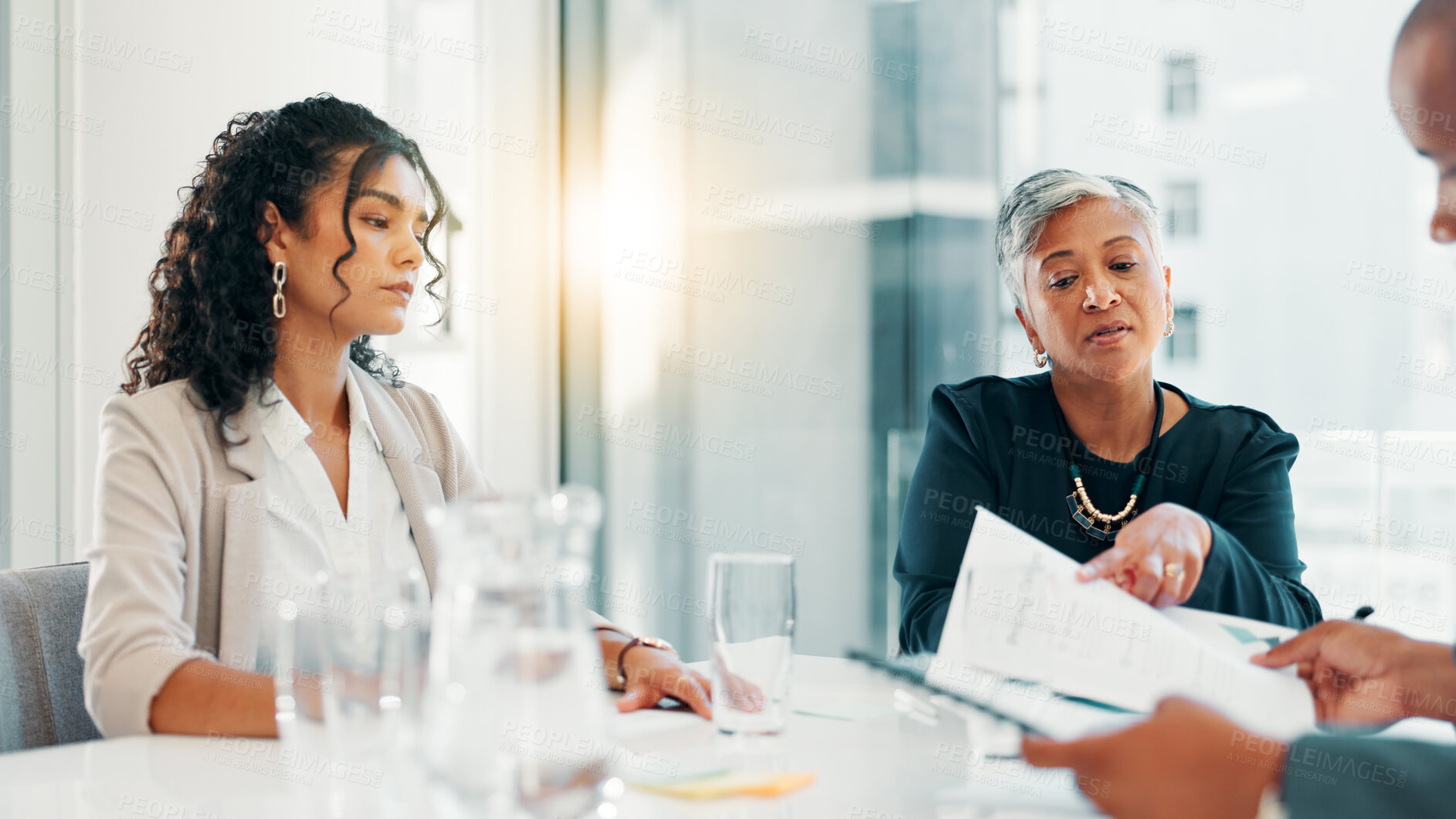 Buy stock photo Business, meeting and people with paperwork in office for budget review, divided statement or company performance. Financial analyst, discussion and revenue report for capital allocation and planning