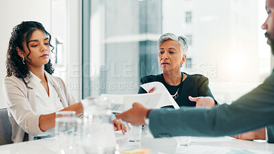 Buy stock photo Business, meeting and people with documents in office for budget review, finance forecasting or company performance. Financial analyst, teamwork and revenue report for capital allocation and planning