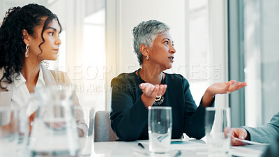 Buy stock photo Business, people and meeting with discussion in office for funding negotiation, investment opportunity and feedback. Financial investor, group and b2b collaboration with dividend and risk management