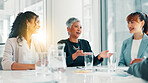 Business, people and happy with discussion in office for funding negotiation, investment opportunity or good news. Financial investor, group and collaboration with positive feedback or revenue update