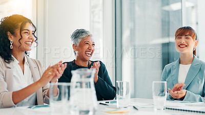 Buy stock photo Business women, applause and celebration at office with meeting, profit or goal at finance agency. Team, group and excited with cheers, success or happy for achievement with revenue growth at company