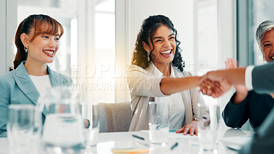 Buy stock photo Business woman, shaking hands and applause at meeting, celebration and agreement at financial agency. Group, people and handshake for promotion, success and achievement with revenue growth at company