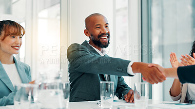 Buy stock photo Businessman, shaking hands and applause at meeting, celebration and agreement at financial agency. Group, people and handshake for promotion, success and achievement with revenue growth at company