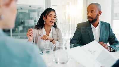 Buy stock photo Business, meeting and employees with documents in office for budget review, finance forecasting and economic trends. Financial analyst, people and revenue report for investment analysis and planning