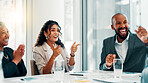 Business people, applause and celebration at office with meeting, profit and goals at finance agency. Man, women and success with cheers, finger gun and achievement with revenue growth at company