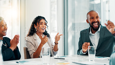 Buy stock photo Business people, applause and celebration at office with meeting, profit and goals at finance agency. Man, women and success with cheers, finger gun and achievement with revenue growth at company