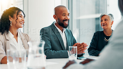 Buy stock photo Meeting, planning and smile with business people in office for review, quarterly profit margin and sales update. Portfolio shareholder, investor feedback and account advisor with employees in agency