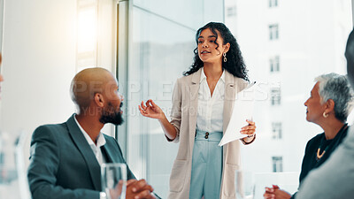 Buy stock photo Meeting, planning and presentation with business woman in office for review, quarterly profit margin and sales update. Portfolio shareholder, investor feedback and account advisor with employees