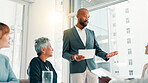 Meeting, planning and presentation with business man in office for review, quarterly profit margin and sales update. Portfolio shareholder, investor feedback and account advisor with employees