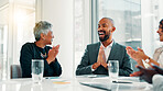 Business people, winner and applause in promotion, announcement or negotiation success at office. Employees, clapping hands and group celebration for partnership, prize or workplace contract goal