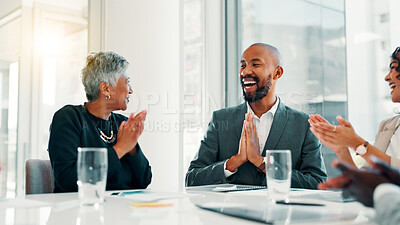 Buy stock photo Business people, winner and applause in promotion, announcement or negotiation success at office. Employees, clapping hands and group celebration for partnership, prize or workplace contract goal