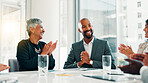Business people, meeting and applause in celebration, achievement or negotiation success at office. Employees, team announcement or group clapping hands for partnership, prize or contract goal winner
