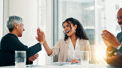 Buy stock photo Business people, winner and high five in promotion, announcement or negotiation success at office. Employees, team celebration or group applause for partnership, prize or workplace contract goal