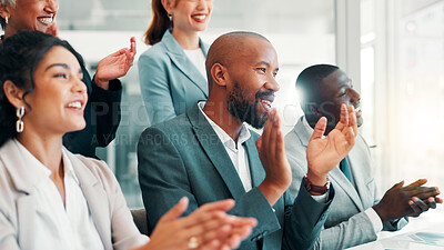 Buy stock photo Business people, meeting and applause in seminar, celebration or negotiation success at office. Employees, team announcement or group clapping hands for partnership, proposal or winning contract goal
