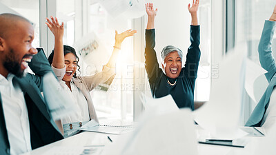 Buy stock photo Business people, documents and excited with celebration for achievement, done or finished at office. Employees, group applause and throwing paperwork in air for success, completion and contract goal