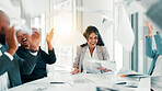 Business people, paperwork and excited with celebration for achievement, done or finished at office. Employees, group applause and throwing documents in air for success, completion and contract goal