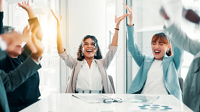 Buy stock photo Business people, document and success with celebration for achievement, done or finished at office. Employees, group applause and throwing paperwork in air for excited, completion and contract goal