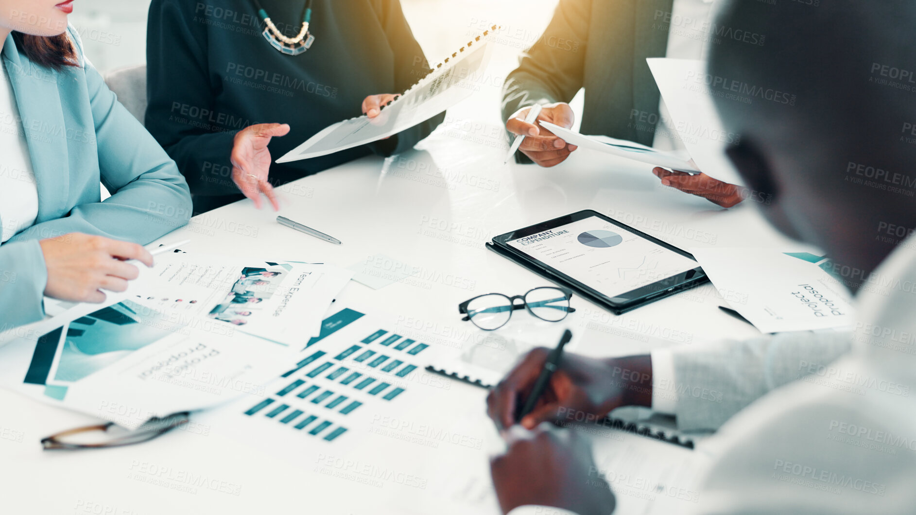 Buy stock photo Graphs, tablet and hands of business people in office with planning for company budget. Digital technology, documents and team of financial managers with reports for statistics, paperwork or data