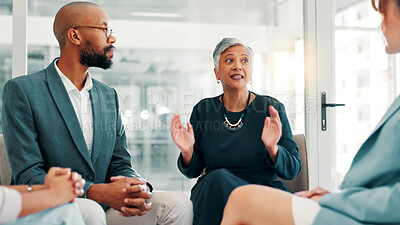 Buy stock photo Business people, meeting and discussion with team for social group or intervention at office. Employees, colleagues or coworkers with speech, talk or community for corporate development or workshop