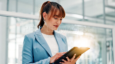 Buy stock photo Smile, research and tablet with business woman in office for information, project management or report. App, planning and review with Asian employee in professional workplace for company development