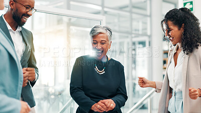 Buy stock photo Dance, manager and business woman with team in office for good news, career promotion and bonus. Corporate, professional and people in lobby celebrate for success, company victory and achievement