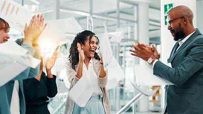 Buy stock photo Business people, paperwork and celebration with excited for office achievement, done or finished. Employees, group applause and throwing document in air for success, support and contract goal