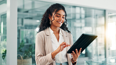 Buy stock photo App, smile and tablet with business woman in office for information, project management, report. Internet, lens flare and review with happy employee in professional workplace for company development