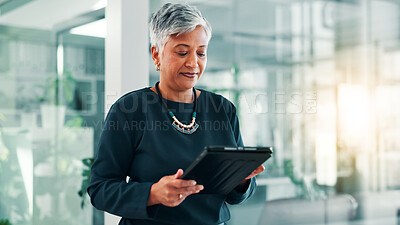 Buy stock photo App, research or tablet with business woman in office for information, project management, report. Corporate, internet or review with mature employee in professional workplace for company development