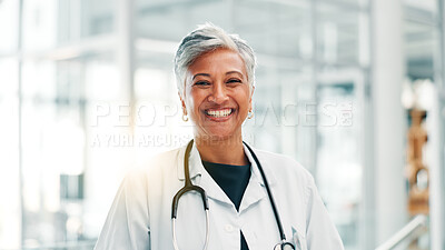 Buy stock photo Hospital, doctor and portrait of woman with stethoscope and happy for medical service, career and job. Healthcare, professional and mature person with equipment for cardiology, pulmonary and wellness