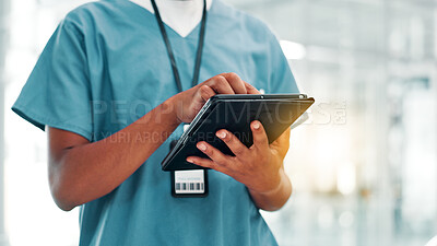 Buy stock photo Person, hands and nurse with tablet for research study, medical discovery or news at hospital. Closeup, healthcare worker or browsing with technology or lens flare at clinic for telehealth or app