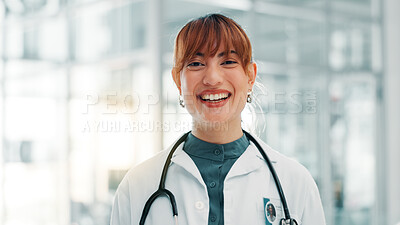 Buy stock photo Hospital, doctor and portrait of happy woman with stethoscope for medical service, career and job. Healthcare, professional and person with equipment for cardiology, pulmonary consultant and wellness