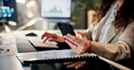 Business, night and woman with cellphone, hands and agent with communication. Evening, person and investor in office, smartphone and closeup with email, chatting and app for stock market and internet