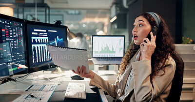 Buy stock photo Woman, trading and computer screen for phone call, charts or documents for review with wow for stock price. Person, shock and investor at night with lost revenue, smartphone or market stats at office
