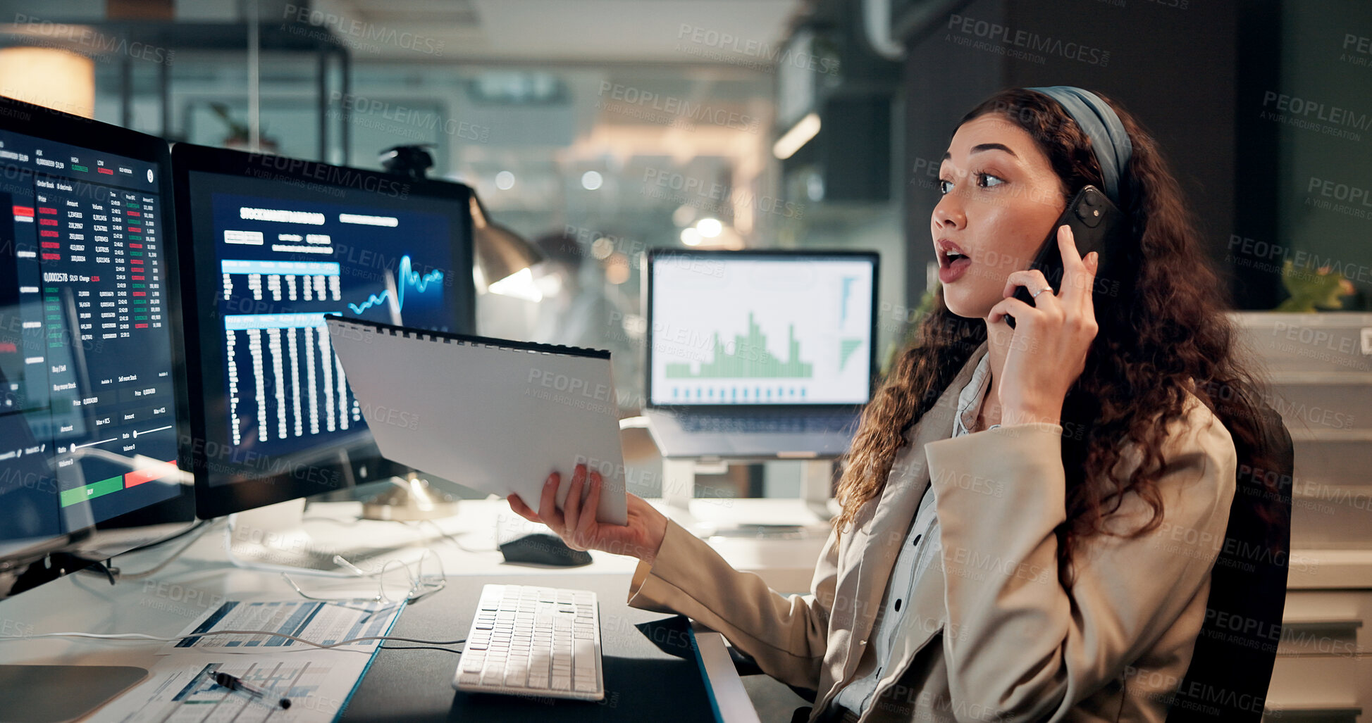 Buy stock photo Woman, trading and computer screen for phone call, charts or documents for review with wow for stock price. Person, shock and investor at night with lost revenue, smartphone or market stats at office