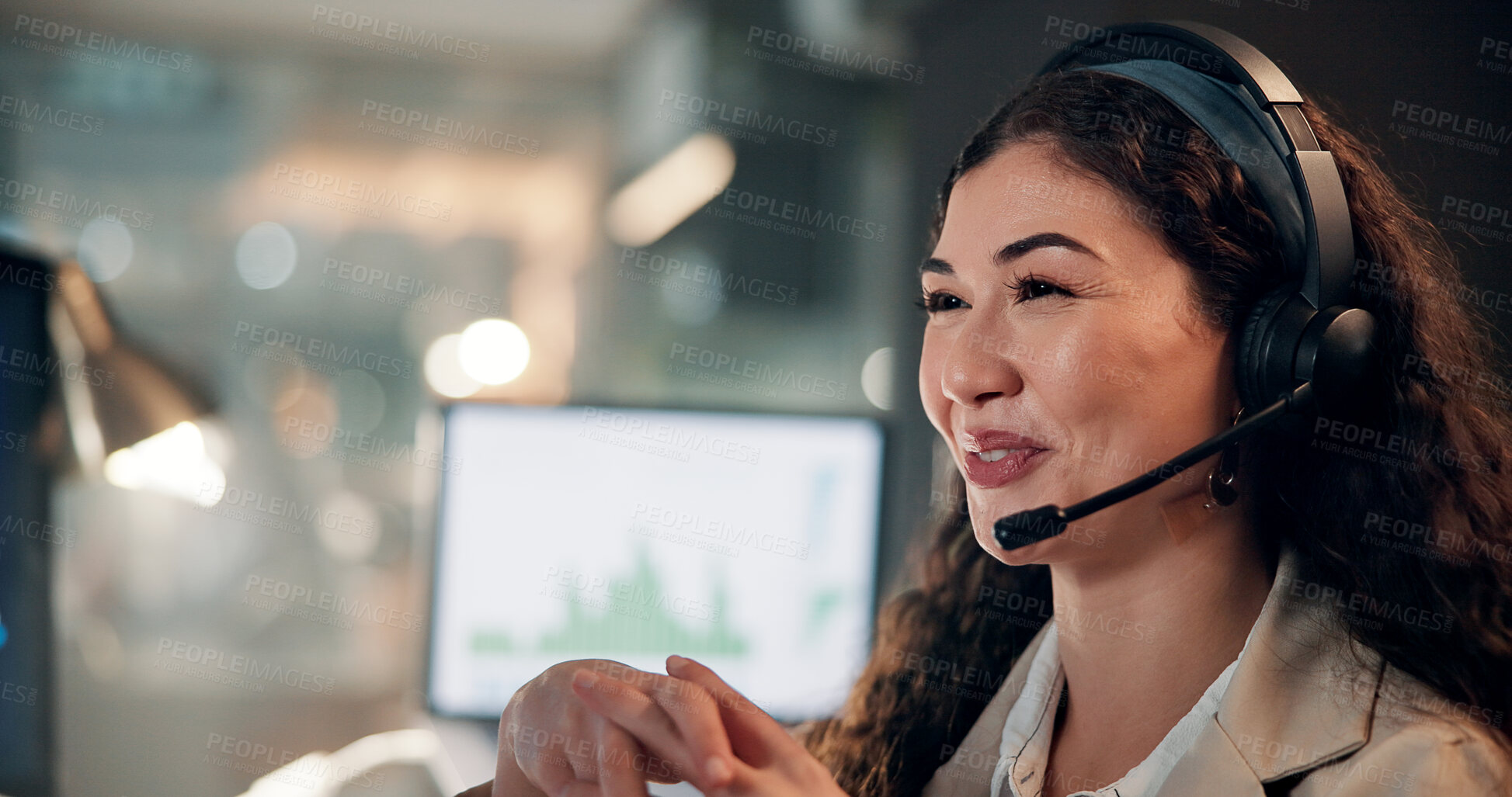 Buy stock photo Headset, woman and call center agent in office at night for crm, helpdesk or internet service provider. Happy, overtime and tech support consultant with communication, consultation or contact us.