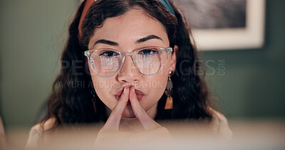 Buy stock photo Thinking, woman and reading on computer in office of research, email feedback and financial report. Female person, glasses and online with budget review, finance information and planning for proposal