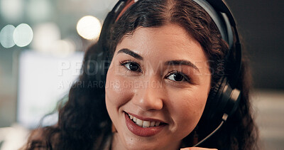 Buy stock photo Headset, woman and portrait of call center agent in office at night for crm, help desk or lead generation. Happy, overtime and tech support consultant with communication, consultation or contact us.