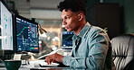 Man, typing and computer screen with trading, stats and review for revenue report in office at company. Person, keyboard and monitor at night, graphs or research with price for stock market at agency
