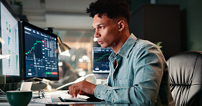 Buy stock photo Man, typing and computer screen with trading, stats and review for revenue report in office at company. Person, keyboard and monitor at night, graphs or research with price for stock market at agency