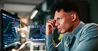 Buy stock photo Man, trading and computer screen with stress for graphs with market crash, results and stock value at office. Person, frustrated and investor at night for stats, worry and lost revenue at agency
